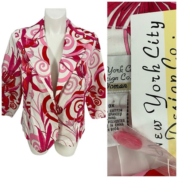 New York City Design Blazer Womens 3X Jacket Pink Floral Work Office Tropical - Picture 1 of 12